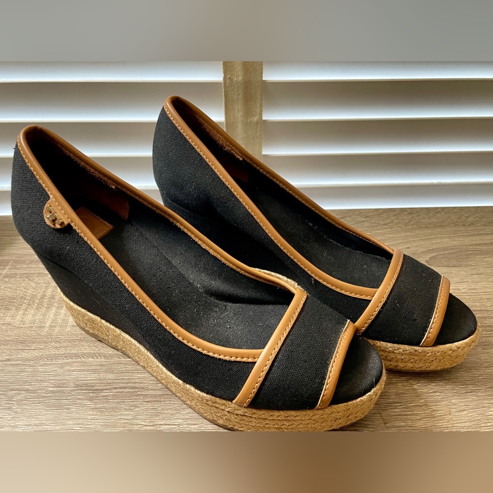 Tory Burch Black Canvas Wedge Espadrilles with Tan Trim